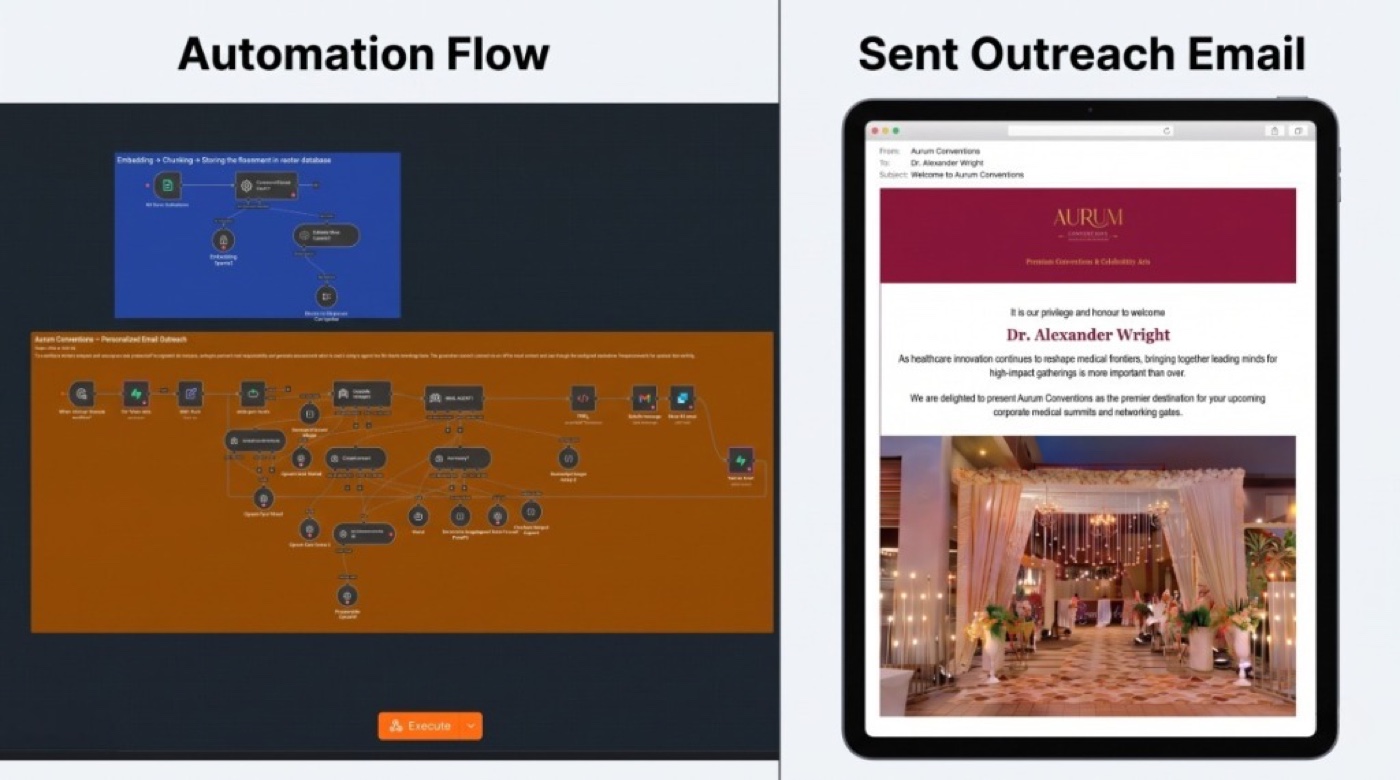 Aurum Conventions n8n automated email outreach workflow canvas and real delivered personalized HTML outreach email on tablet