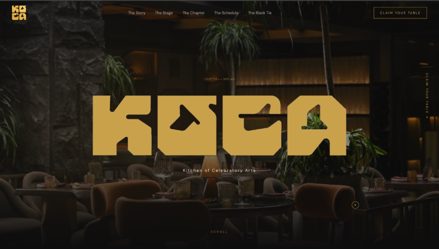 KOCA luxury culinary website design with gold typographic hero banner and claim your table reservation flow