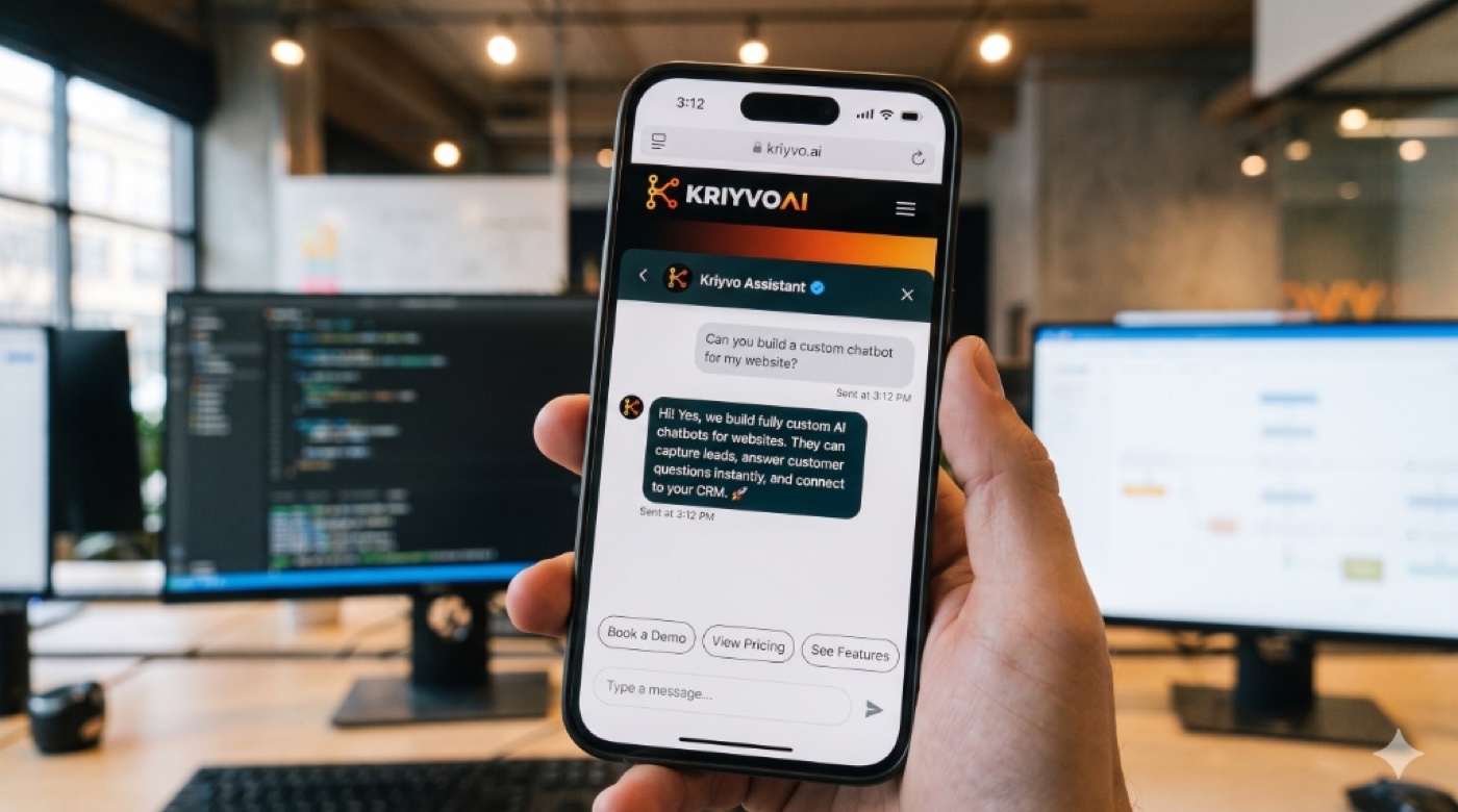 Kriyvo AI website assistant on smartphone screen answering visitor inquiries and offering interactive demo booking